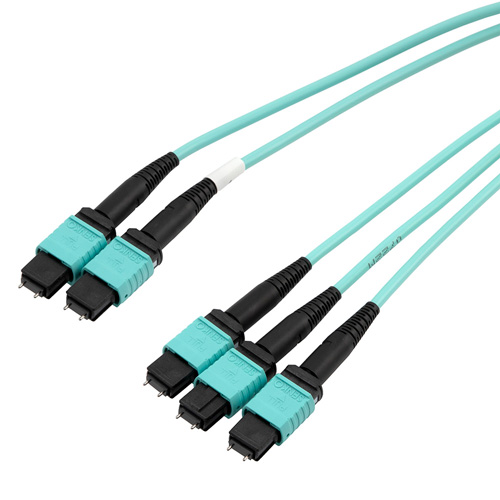 Picture of 3xMPO8 w/ pins to 2xMPO12 w/ pins, OM4 50/125um Multimode, LSZH Jacket, Aqua, 3 meter