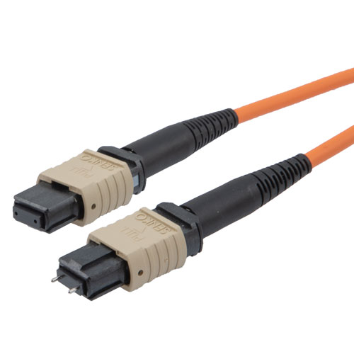 Picture of MPO w/ pins to MPO no pins, 24 Fiber, Type B, 50/125µm OM2 MMF, OFNR Jacket, 3 Meter