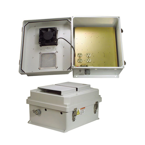Picture of 14x12x07 Fiberglass Reinf Polyester FRP Weatherproof Outdoor IP24 NEMA 3R Enclosure, 120 VAC MNT PLT & 85F Turn on Fan Gray