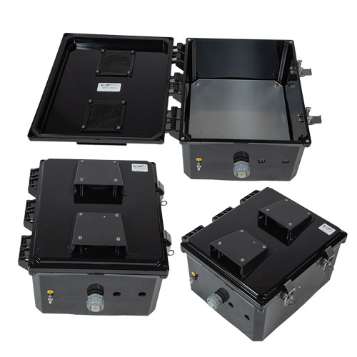 Picture of 12x10x06 Polycarbonate Weatherproof Outdoor IP24 NEMA 3R Enclosure, Modified Base Drilled Mount Vented Lid Black