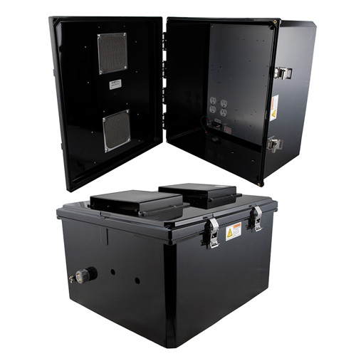 Picture of 18x16x10 Polycarbonate Weatherproof Outdoor IP24 NEMA 3R Enclosure, 120 VAC MNT PLT Vented Lid Black