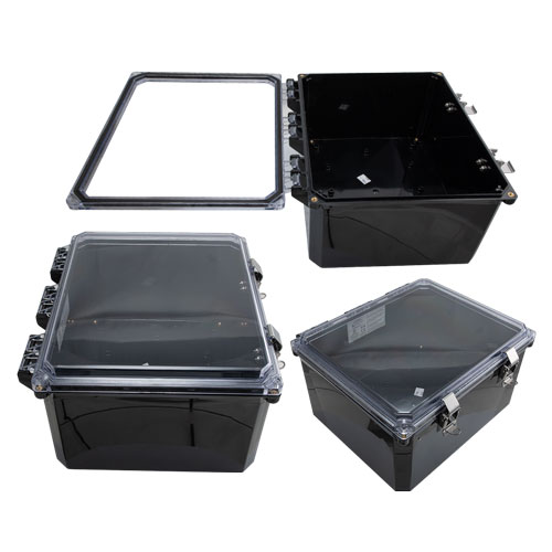 Picture of 12x10x06 UL® Listed Polycarbonate Weatherproof Outdoor IP66 NEMA 4X Enclosure, Clear Lid, Black