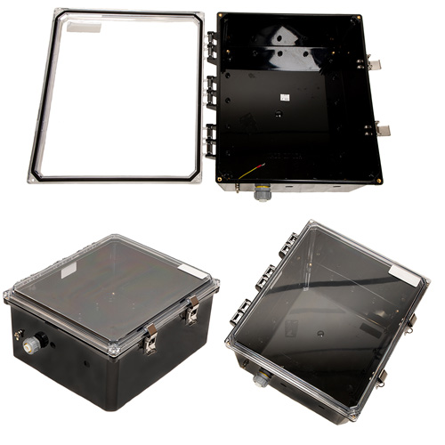 Picture of 14x12x06 Polycarbonate Weatherproof NEMA 4X Enclosure, Modified Base Clear Lid Black