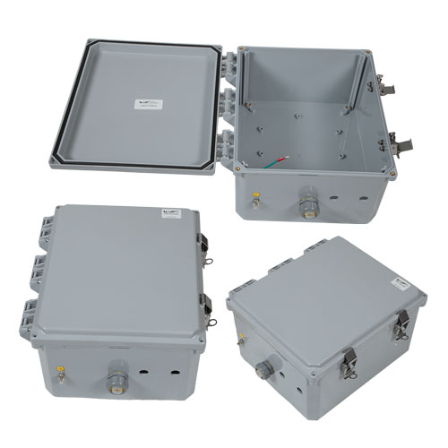 Picture of 12x10x06 Polycarbonate Weatherproof Outdoor IP66 NEMA 4X Enclosure, Modified Base Dark Gray