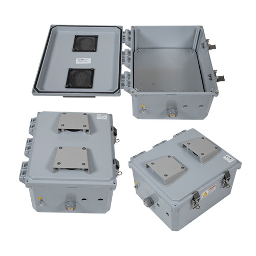 Picture of 12x10x06 Polycarbonate Weatherproof Outdoor IP24 NEMA 3R Enclosure, 120VAC Mount Plate Vented Lid Dark Gray