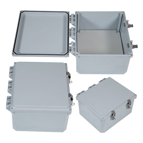Picture of 12x10x06 UL® Listed Polycarbonate Weatherproof Outdoor IP66 NEMA 4X Enclosure Bundled w/Non Metalic Mounting Plate, Dark Gray