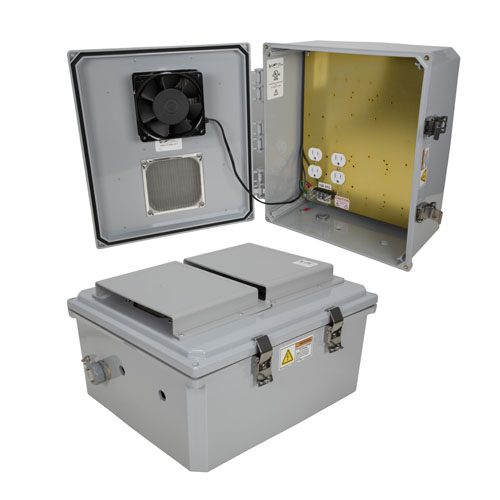 Picture of 14x12x06 Polycarb Weatherproof NEMA 3R Encl 120VAC Mnt Plt Mech Therm Heat & 85F Turn on Fan Drk Gry