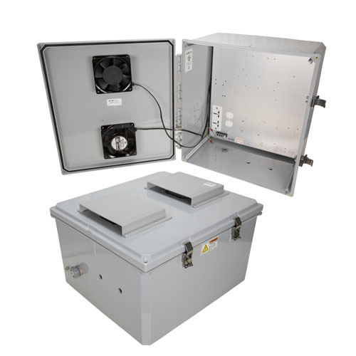 Picture of 18x16x10 Polycarb Weatherproof NEMA 3R Encl 240 VAC Univ Outlet Mount Plate Mech Therm Fan Dark Gray