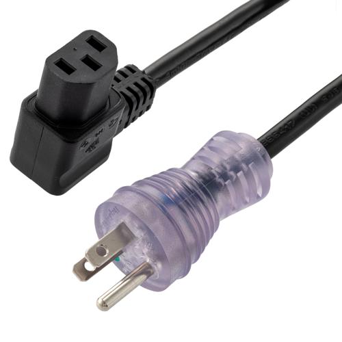 Picture of Hospital Grade N5-15 with LED to Right Angle C13, Coiled 18 AWG Cord, LSZH TPU Jacket, Black, 2 Foot Compressed Length