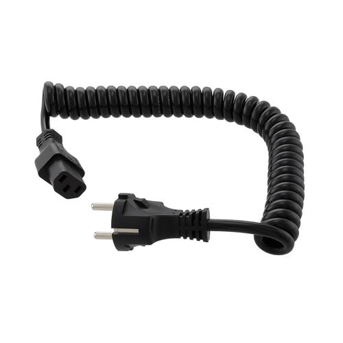 Picture of EU Type F Schuko Plug to C13, Coiled 18 AWG Cord, LSZH EPR Jacket, Black, 1 Foot Compressed Length