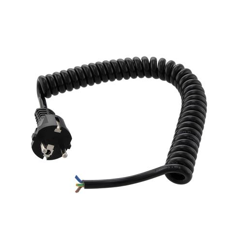 Picture of EU Type F Schuko Plug to Open, Coiled 18 AWG Cord, LSZH EPR Jacket, Black, 2 Foot Compressed Length