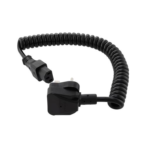 Picture of UK Type G BS 1363 Plug to C13, Coiled 18 AWG Cord, LSZH EPR Jacket, Black, 2 Foot Compressed Length