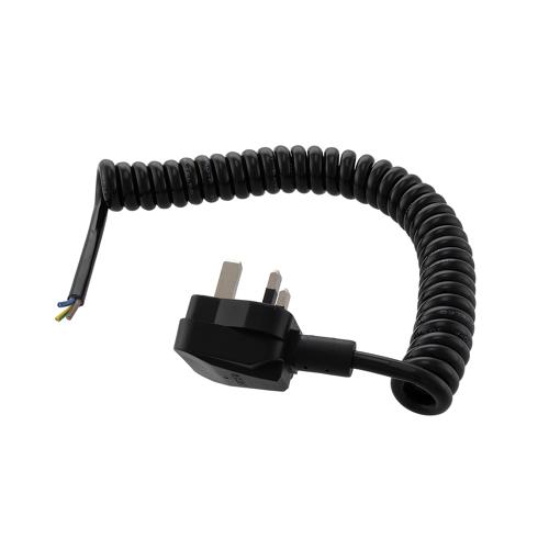 Picture of UK Type G BS 1363 Plug to Open, Coiled 18 AWG Cord, LSZH EPR Jacket, Black, 2 Foot Compressed Length