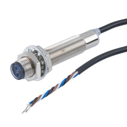 Picture of Photoelectric Sensor, M12 x 60mm, NPN NO+NC, Diffuse Reflection 0.2 meter Range, 2 meter 4-wire Cable, IP67, Brass