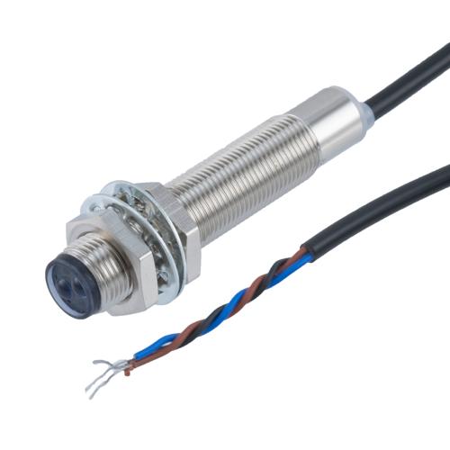 Picture of Photoelectric Sensor, M12 x 60mm, PNP NC, Diffuse Reflection 0.3 meter Range, 2 meter 3-wire Cable, IP67, Brass