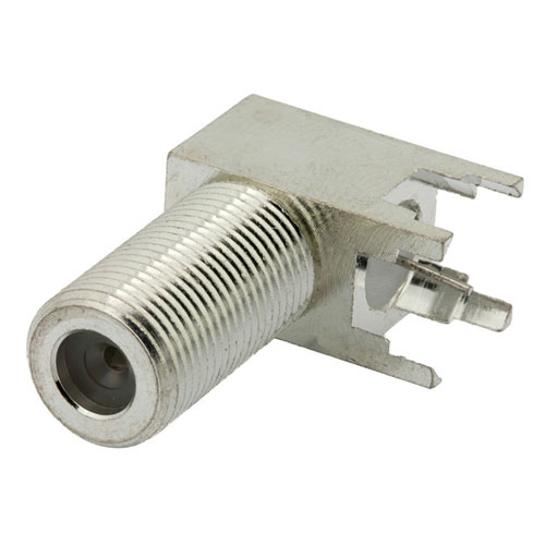 Picture of 75 Ohm F Female Right Angle Connector Solder Attachment Thru Hole PCB, .320 inch x .091 inch Hole Spacing