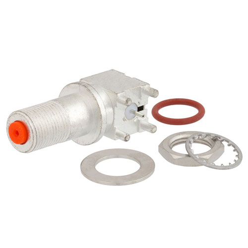 Picture of 75 Ohm F Female Right Angle Bulkhead Mount Connector Solder Attachment Surface Mount PCB, IP67 Rated