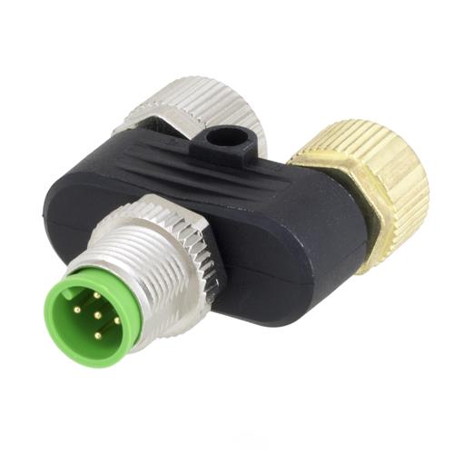 Picture of M12 5 Pin A-Code Male to 2x M12 4 Pin A-Code Female T Coupler