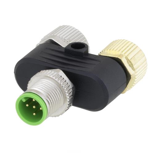Picture of M12 5 Pin A-Code Male to 2x M12 5 Pin A-Code Female T Coupler