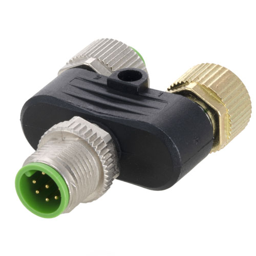 Picture of M12 8 Pin A-Code Male to 2x M12 8 Pin A-Code Female T Coupler