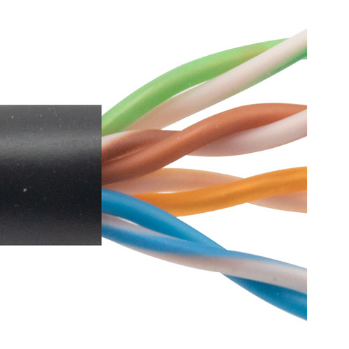 Picture of Category 5e Bulk Ethernet Cable, 4-Pair 22AWG Solid 300V PoE, UTP Outdoor Industrial PLTC-CMR-CMX PVC Jacket, Black 100 ft