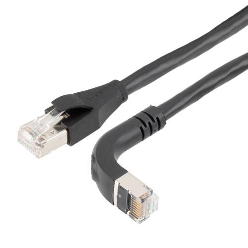 Picture of Ethernet Category 6a 10gig Right Angle Patch Cable, F/UTP Shielded, 26AWG, RJ45 Straight to Down, CMX PVC, Black, 1.0 ft