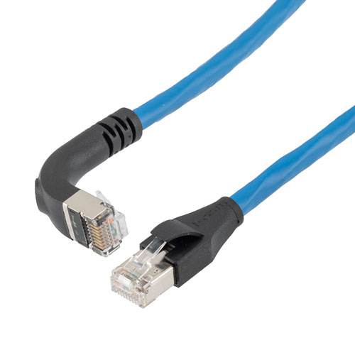 Picture of Ethernet Category 6a 10gig Right Angle Patch Cable, F/UTP Shielded, 26AWG, RJ45 Straight to Down, CMX PVC, Blue, 15.0 ft