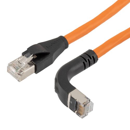 Picture of Ethernet Category 6a 10gig Right Angle Patch Cable, F/UTP Shielded, 26AWG, RJ45 Straight to Down, CMX PVC, Orange, 7.0 ft