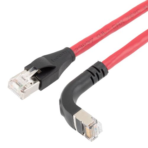 Picture of Ethernet Category 6a 10gig Right Angle Patch Cable, F/UTP Shielded, 26AWG, RJ45 Straight to Down, CMX PVC, Red, 7.0 ft