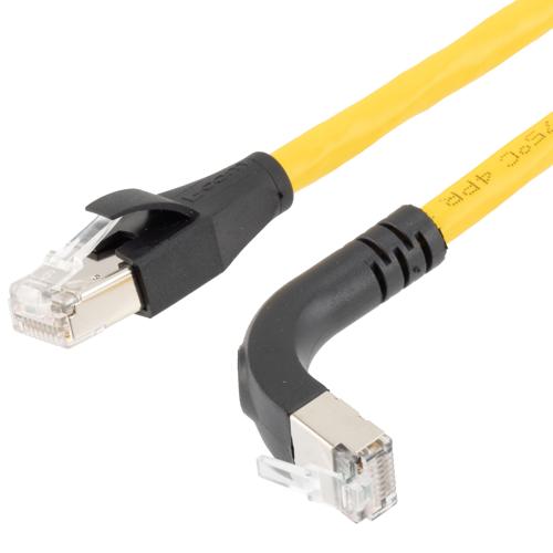 Picture of Ethernet Category 6a 10gig Right Angle Patch Cable, F/UTP Shielded, 26AWG, RJ45 Straight to Up, CMX PVC, Yellow, 5.0 ft