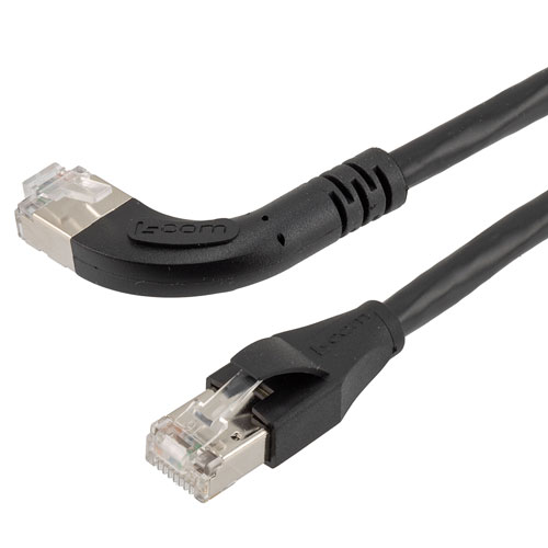 Picture of Ethernet Category 6a 10gig Right Angle Patch Cable, F/UTP Shielded, 26AWG, RJ45 Straight to Left, CMX PVC, Black, 15.0 ft