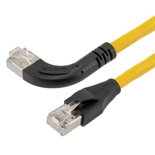 Picture of Ethernet Category 6a 10gig Right Angle Patch Cable, F/UTP Shielded, 26AWG, RJ45 Straight to Left, CMX PVC, Yellow, 7.0 ft