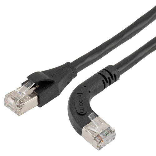 Picture of Ethernet Category 6a 10gig Right Angle Patch Cable, F/UTP Shielded, 26AWG, RJ45 Straight to Right, CMX PVC, Black, 15.0 ft