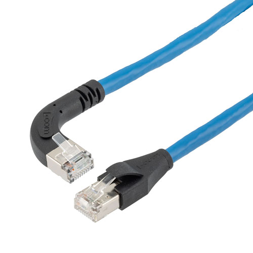 Picture of Ethernet Category 6a 10gig Right Angle Patch Cable, F/UTP Shielded, 26AWG, RJ45 Straight to Right, CMX PVC, Blue, 15.0 ft