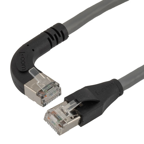 Picture of Ethernet Category 6a 10gig Right Angle Patch Cable, F/UTP Shielded, 26AWG, RJ45 Straight to Right, CMX PVC, Gray, 10.0 ft
