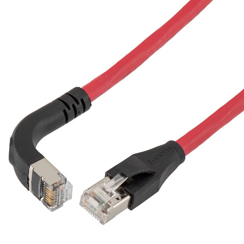 Picture of Ethernet 6a 10gig Right-Angle Patch Cable, F/UTP Shielded, 26AWG, RJ45 Straight to Down, LSZH, Red, 15 FT