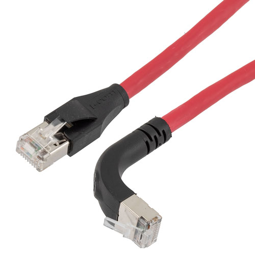 Picture of Ethernet 6a 10gig Right-Angle Patch Cable, F/UTP Shielded, 26AWG, RJ45 Straight to Up, LSZH, Red, 10 FT