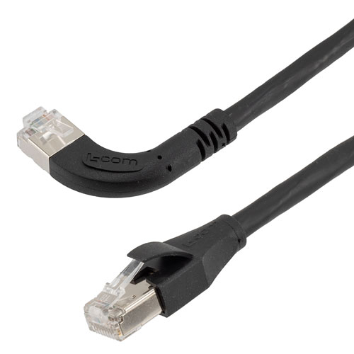 Picture of Ethernet 6a 10gig Right-Angle Patch Cable, F/UTP Shielded, 26AWG, RJ45 Straight to Left, LSZH, Black, 15 FT