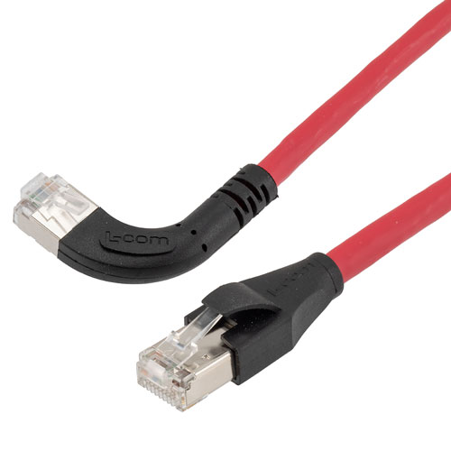 Picture of Ethernet 6a 10gig Right-Angle Patch Cable, F/UTP Shielded, 26AWG, RJ45 Straight to Left, LSZH, Red, 10 FT
