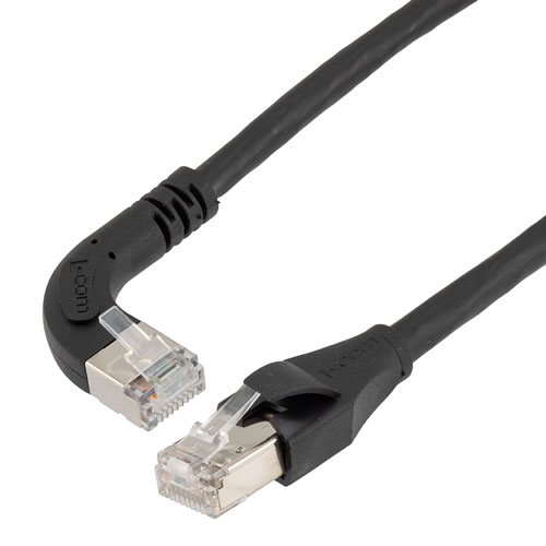 Picture of Ethernet 6a 10gig Right-Angle Patch Cable, F/UTP Shielded, 26AWG, RJ45 Straight to Right, LSZH, Black, 15 FT