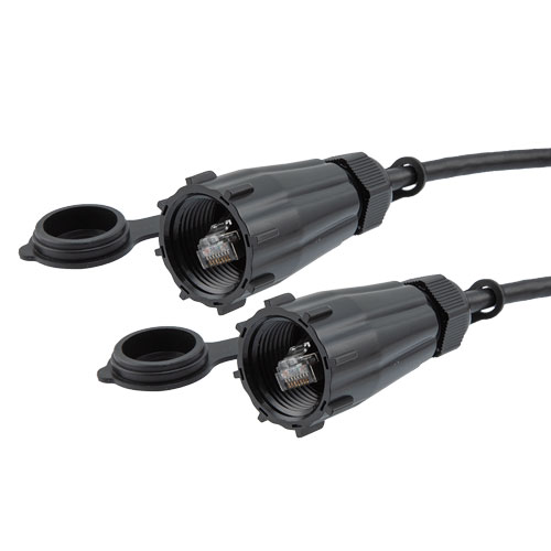 Picture of Category 6a IP68 Waterproof Ethernet Cable Assembly, S/FTP Double Shielded, 26AWG, RJ45 to RJ45, CMX PVC, Black, with Dust Cap, 15M