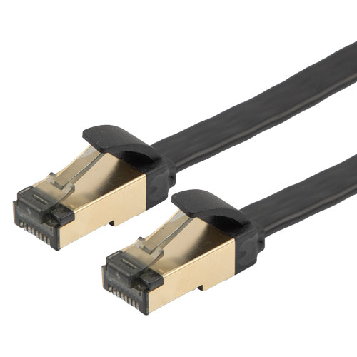 Picture of Category 7 10gig Flat Ethernet Cable Assembly, RJ45 Male/Plug, U/FTP Shielded Pairs, 30AWG Stranded, CM PVC Jacket, Black, 15FT