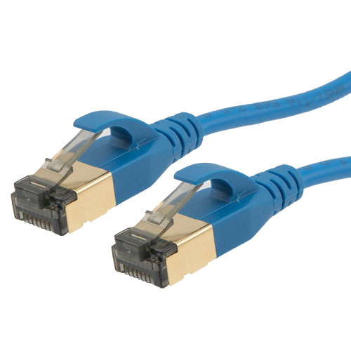 Picture of Category 7 10gig Slim Ethernet Cable Assembly, RJ45 Male/Plug, U/FTP Shielded Pairs, 32AWG Stranded, CM PVC Jacket, Blue, 50FT
