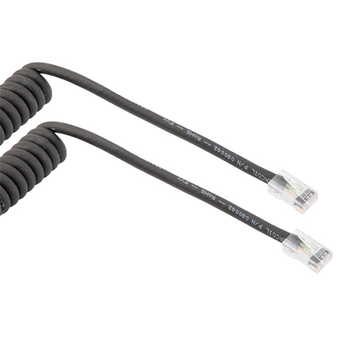 Picture of Category 5e Ethernet Coil Cord Assembly, RJ45-RJ45 90D Tangents, UTP 26AWG Stranded High Flex Industrial Polyurethane TPU, Black, 6 to 18in