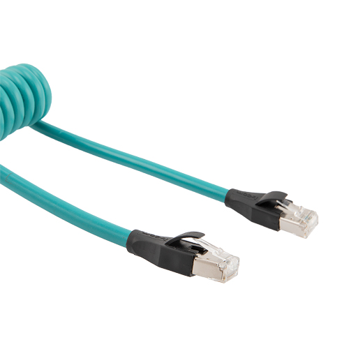 Picture of Category 5e Ethernet Coil Cord, RJ45-RJ45 90D Tangents, F/UTP Foil Shielded 26AWG High Flex Industrial Zero Halogen TPU Teal, 8 to 48F