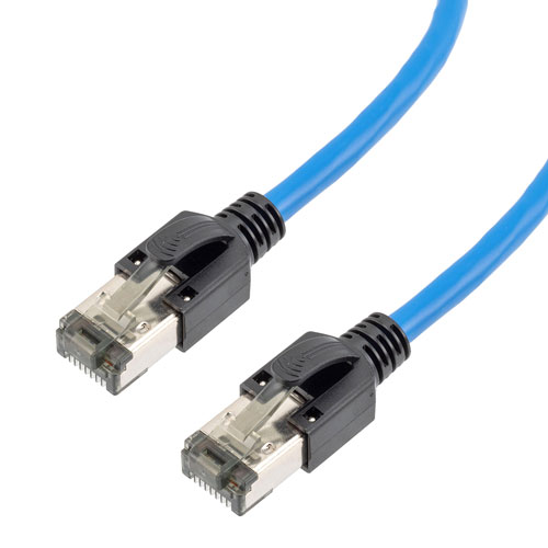 Picture of Cat 8 40Gig Ethernet Cable, S/FTP 28AWG, Slim Cable with Short Body Connector, PVC Jacket, Blue, 15FT