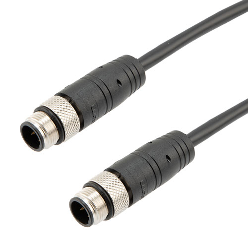 Picture of Category 5e Economy M12 4 Position D code Cable, IP67 M12 Male Plug to IP67 M12 Male Plug, 26AWG Shielded Outdoor VW-1 PVC Black, 3M