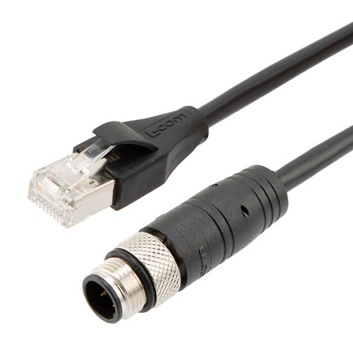 Picture of Category 5e Economy M12 4 Position D code Cable, IP67 M12 Male Plug to RJ45 Male Plug, 26AWG Shielded Outdoor VW-1 PVC Black, 10M