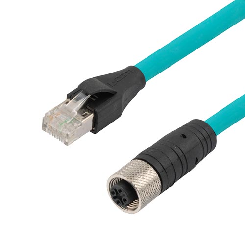 Picture of Category 5e M12 IP68 4 Position D code Double Shielded SF/UTP Industrial Outdoor High Flex Cable, M12 F to RJ45 M, CMX TPE, TEAL, 0.5m