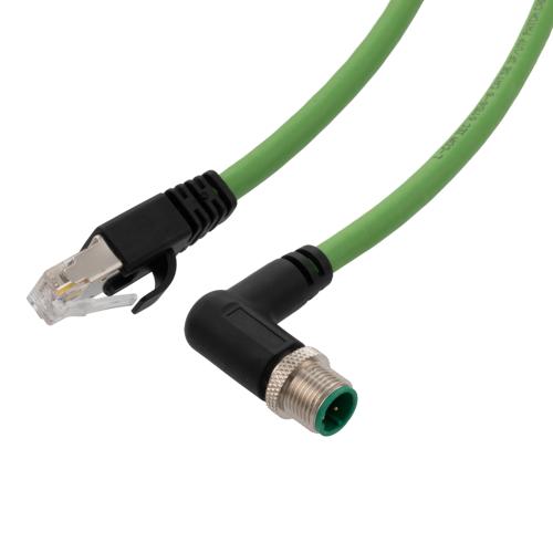 Picture of M12 Category 5e IP67 4 Position D code, Double Shielded, 22AWG Drag Chain, Industrial, Outdoor Cable, RAM12M RJ45M, CMX HFPUR, GRN, 0.5m